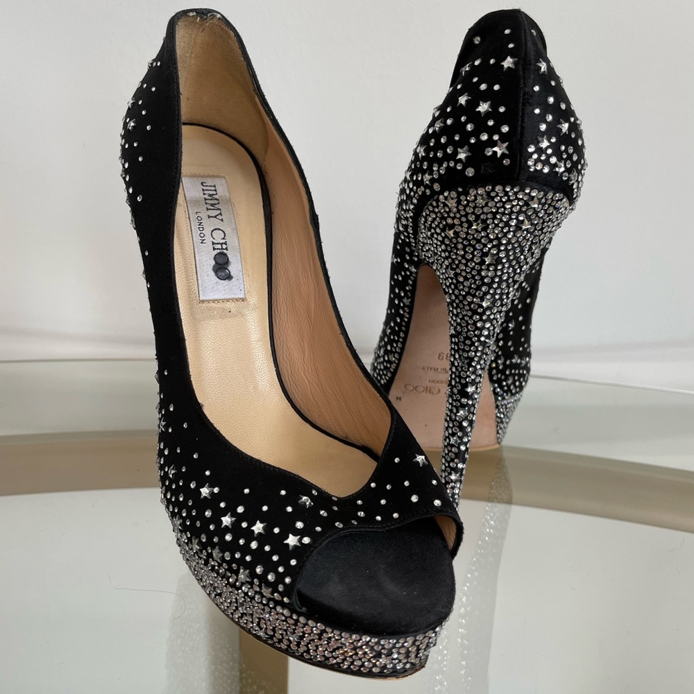 Jimmy Choo platform crystal heels open-toe satin